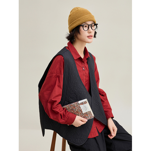 麻霖可机洗涟漪水波纹绗线夹棉工艺廓形感时髦复古显瘦棉服马甲