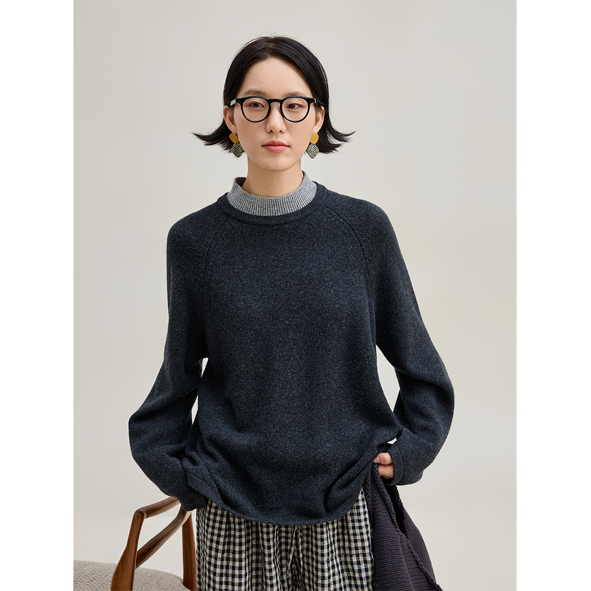 麻霖纯羊毛拼接假两件显瘦针织衫