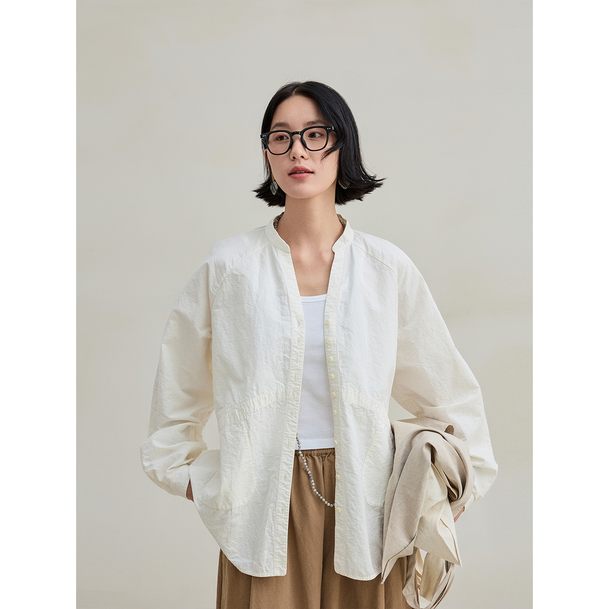 肌理感立领宽松长袖衬衫