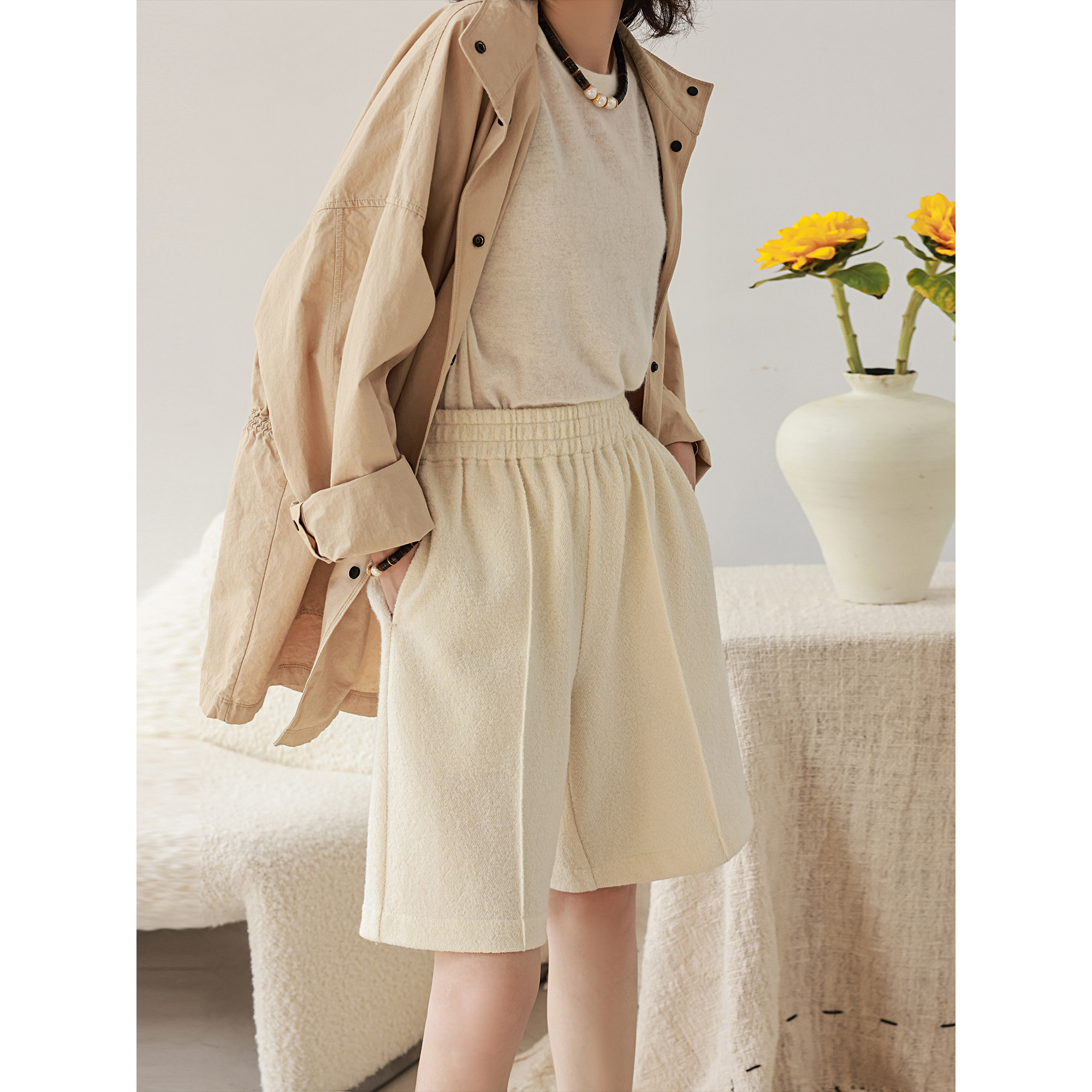 麻霖原创设计女装2026春夏羊毛天丝混纺肌理软糯休闲文艺短裤,女装/女士精品,休闲裤,淘宝优惠券,粉丝福利购,淘宝优惠卷