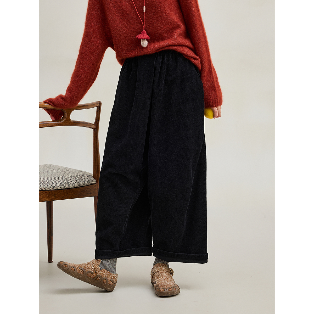 麻霖山羊绒棉混纺斜门襟灯芯绒裤