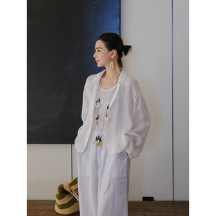 麻霖女装亚麻定制肌理镂空细格子蓬松风格布文艺清新西装外套