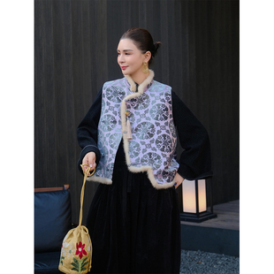 麻霖•非遗漳缎'五湖四海'39mm桑蚕丝骆驼绒夹棉水貂毛新中式马甲