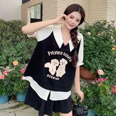 UU安娜新款大码女装夏装上衣假两件印花衬衫减龄学院风春夏季上衣