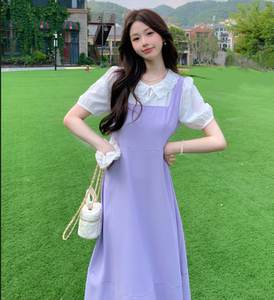 大码胖mm茶歇法式甜美娃娃领连衣裙女夏季收腰a字假两件温柔长裙