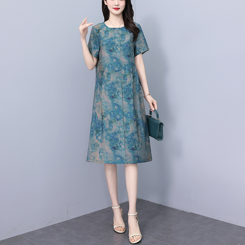 大码女装棉麻小个子连衣裙妈妈夏季裙宽松休闲短袖女士气质感裙子