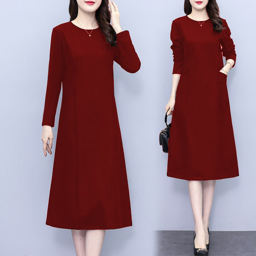 妈妈洋气高贵红色连衣裙女春秋装