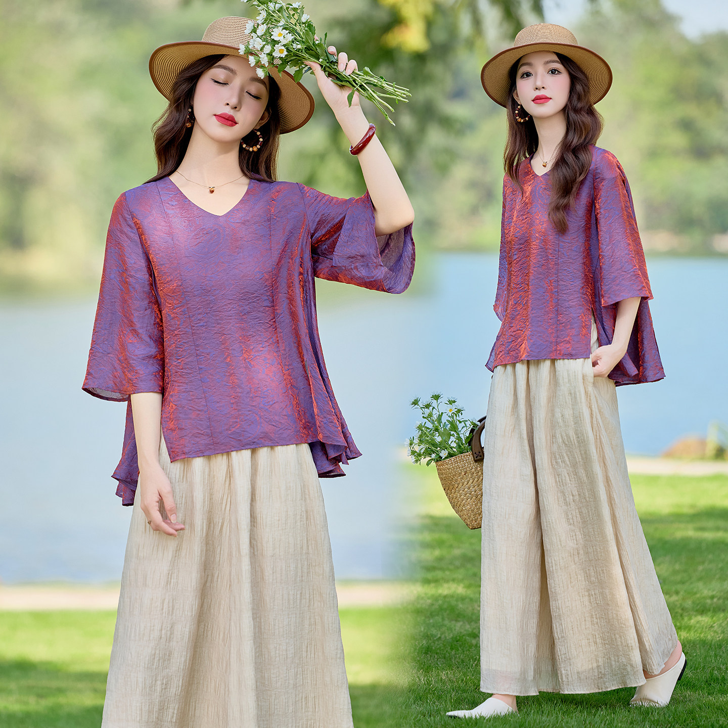 阔腿裤两件套春夏大码气质时尚女装套装减龄阔太太妈妈小个子上衣