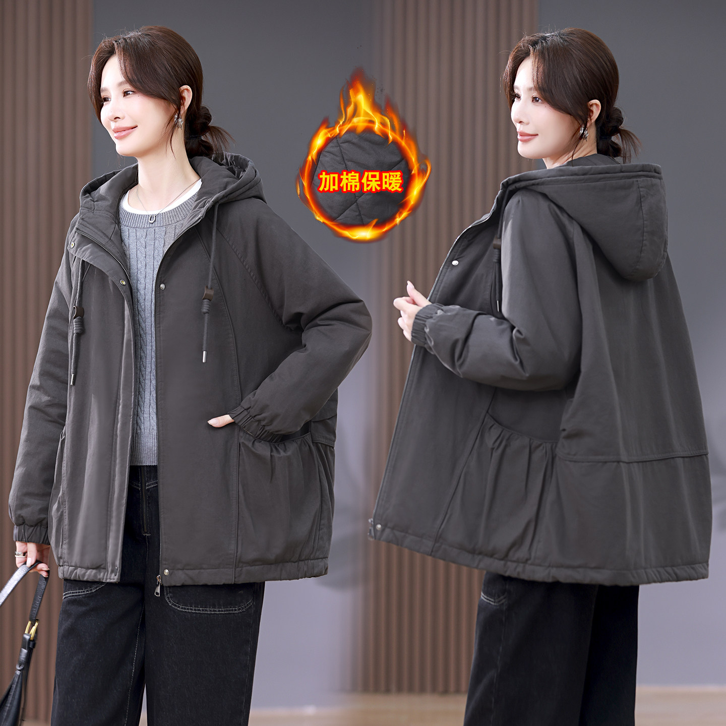 高级感冬季棉服女中长款妈妈衣服
