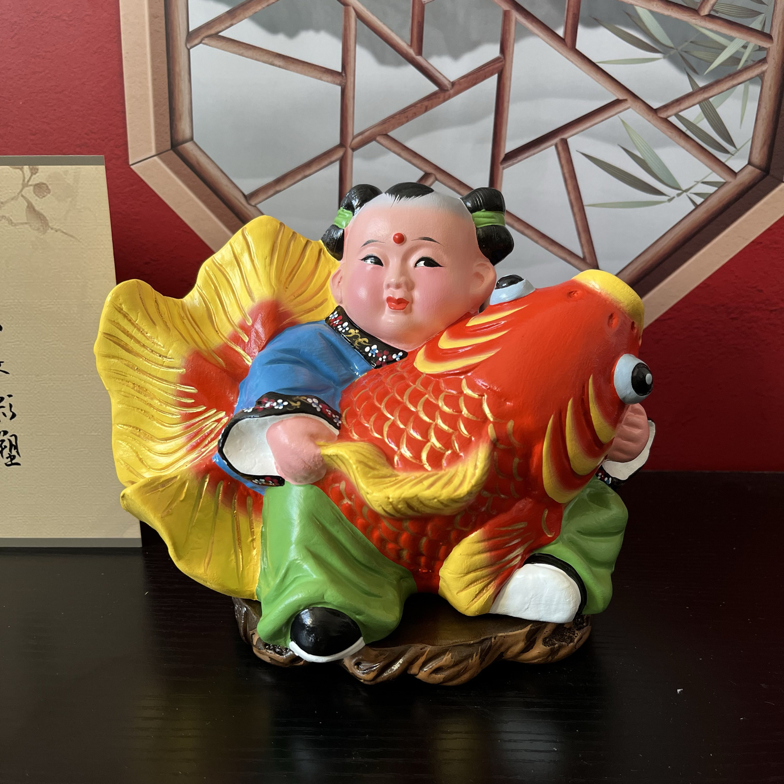 泥人张彩塑经典国风莲年有余娃娃抱鱼商务礼品暖房温居家居摆件