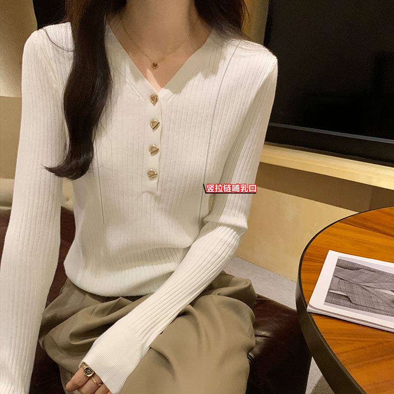 春秋韩系打底哺乳衣针织衫外出竖拉链方便母乳产后保暖喂奶毛衣