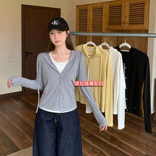 春秋外出哺乳衣时尚假两件隐藏竖拉链方便母乳产后连帽喂奶上衣