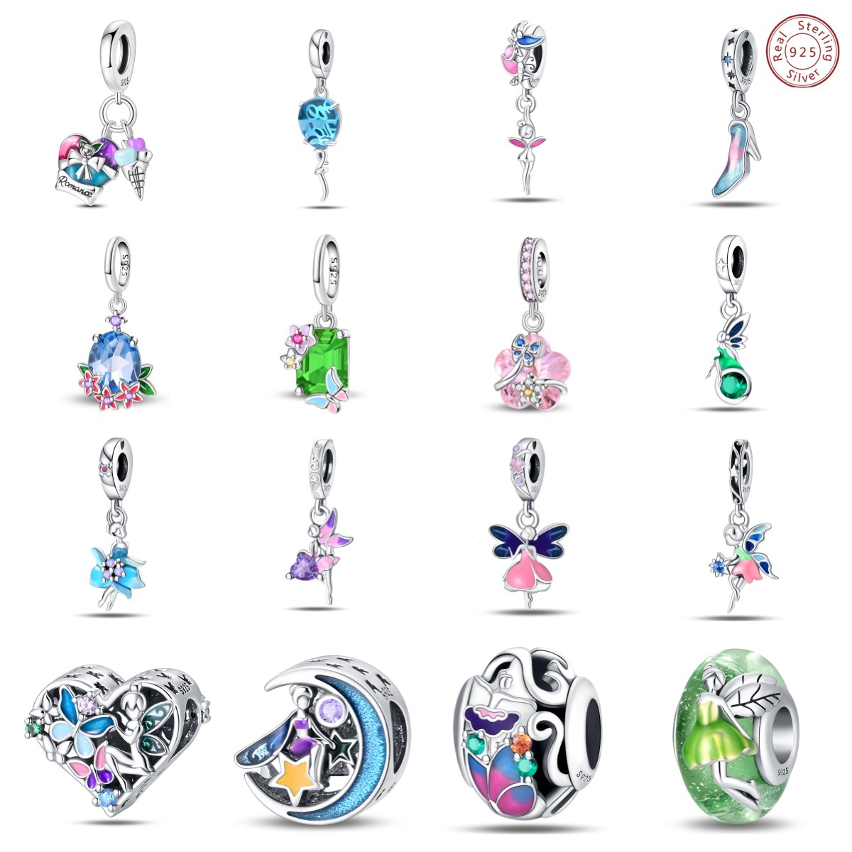 925纯银魅力花仙子水晶花朵珠子吊饰DIY饰品项链手链配件现货