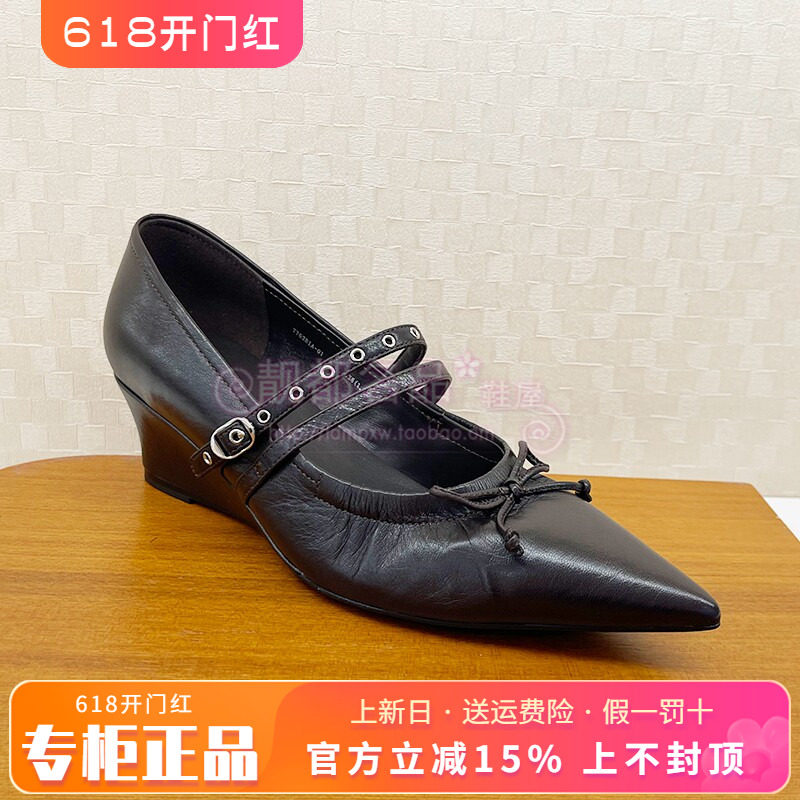 正品蹀愫ts女鞋2026春款尖头高跟坡跟绑带浅口单鞋\T76281A-01