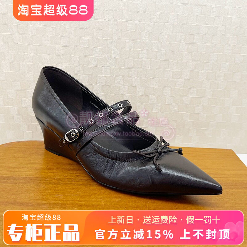 正品蹀愫ts女鞋2026春款尖头高跟坡跟绑带浅口单鞋\T76281A-01