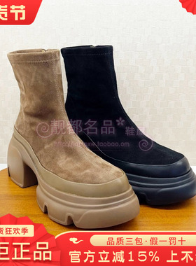 正品蹀愫ts女鞋2025冬季新款高跟舒适跟粗跟圆头短靴TA65716-52