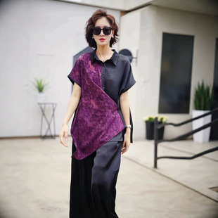 大码高级小众不撞款上衣女夏宽松阔腿裤撞色洋气减龄显瘦两件套装