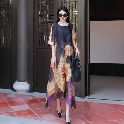 文艺复古贵夫人天丝印花长裙2025