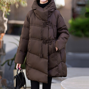 大码新中式国风羽绒服女冬中长款盘扣上衣高级白鸭绒加厚保暖外套