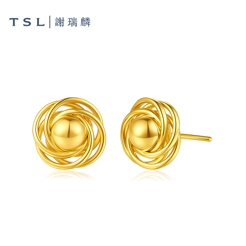 TSL谢瑞麟玫瑰花系列黄金耳钉5D硬金工艺足金花形耳环女士XR367