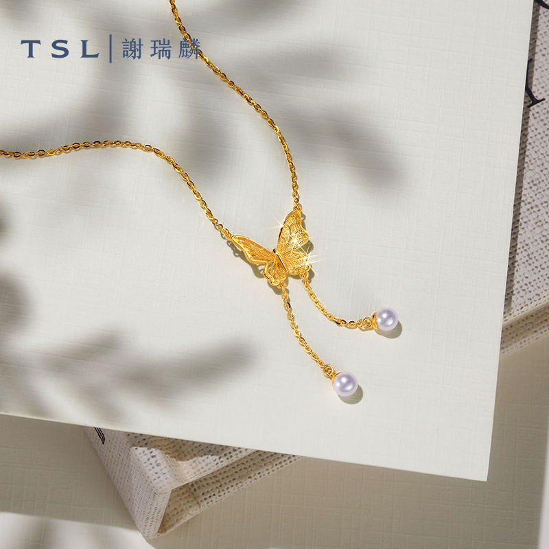 TSL谢瑞麟蝴蝶黄金项链珍珠5G工艺足金锁骨链女士新品XP073