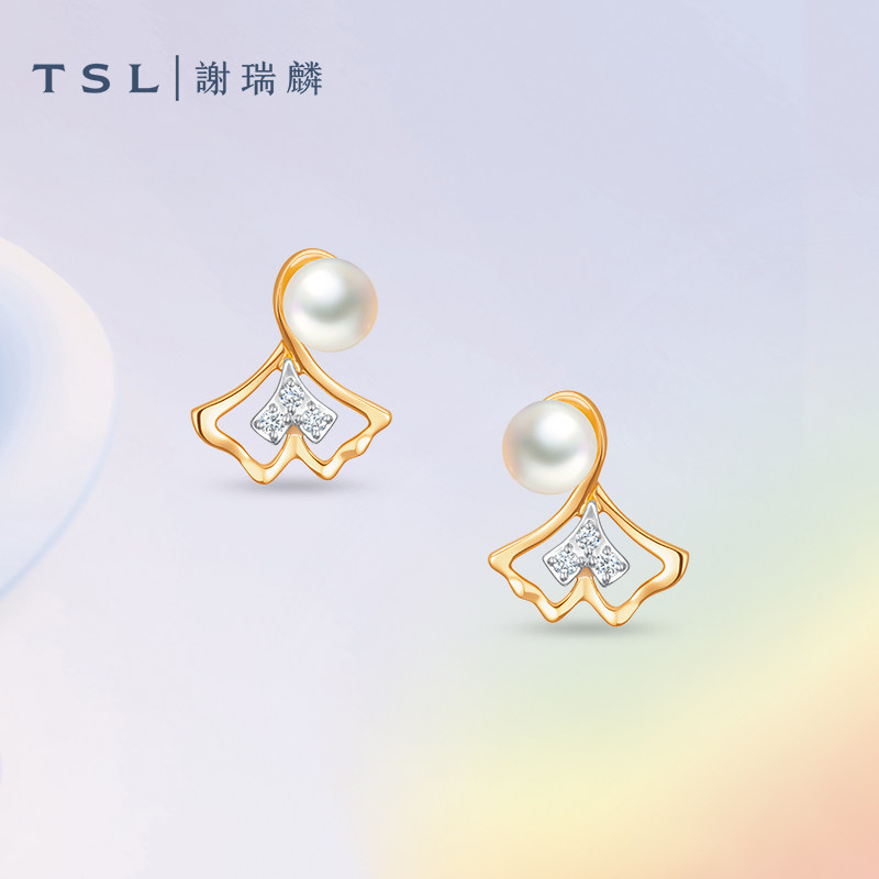 TSL谢瑞麟TGOL鸟语花香系列18K金钻石耳饰银杏珍珠耳环耳钉63906