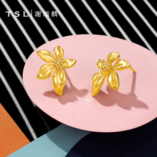 TSL谢瑞麟黄金耳钉5D硬金工艺花型足金耳环耳饰直针款 女士XR272