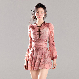 国风连体保守裙式 大小胸聚拢泡温泉沙0325r1 游泳衣女显瘦遮肚长袖