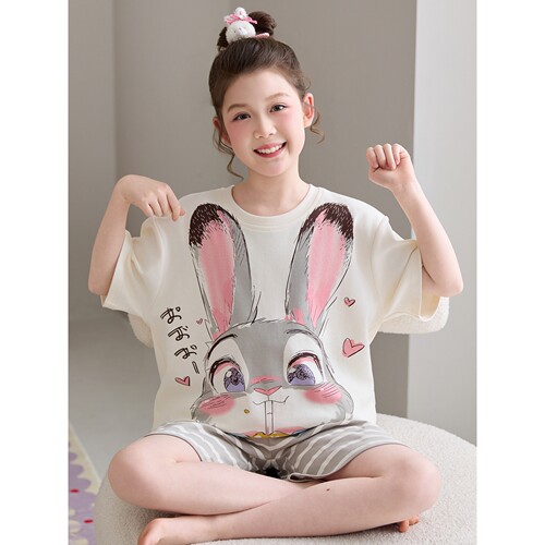 法国Anseola女童睡衣短袖短裤纯棉薄款夏季中大童卡通兔子儿童宝