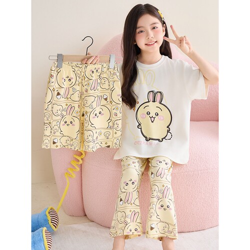 法国Anseola女童儿童睡衣夏季三件套纯棉全棉短袖薄款中大童卡通