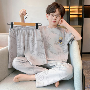 法国Anseola2026夏季男童纯棉睡衣儿童短袖三件套卡通中大童夏天