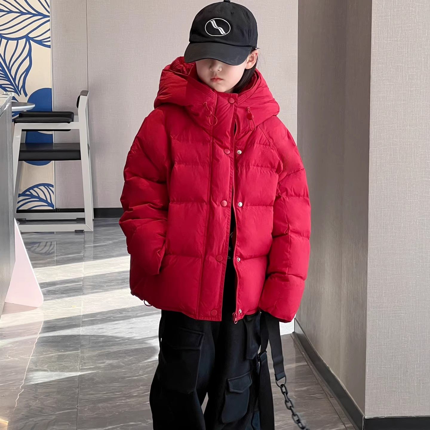 法国Anseola儿童羽绒服新款女童洋气时髦90白鸭绒连帽加厚外套