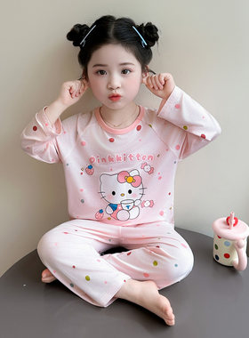 法国Anseola女童卡通HelloKitty睡衣儿童春夏莫代尔家居服薄款套