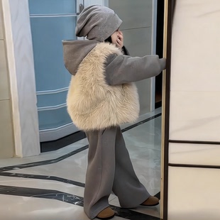 法国Anseola女童冬季网红炸街洋气套装加绒毛毛衣皮草马甲三件套