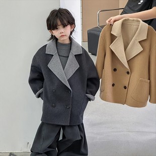 法国Anseola男童双面羊绒大衣2025秋冬款儿童高级感短款双色外套