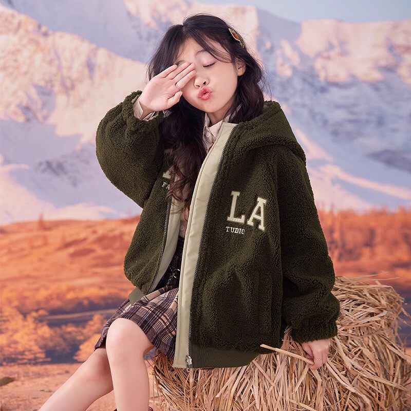 法国Anseola女童外套秋冬新款加绒加厚洋气时髦双面穿儿童棉服