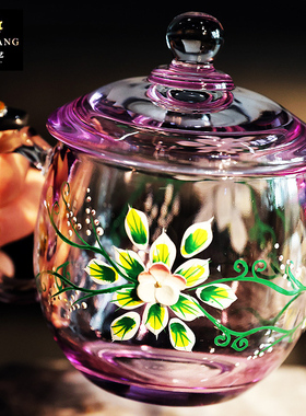 欧式进口工艺水晶玻璃珐琅花紫色花茶水杯牛奶果汁饮料杯咖啡杯子