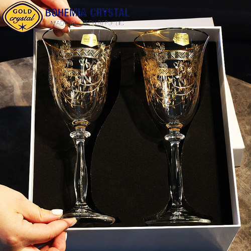捷克进口水晶玻璃高档描金家用复古高脚杯红白葡萄酒杯对杯送礼盒