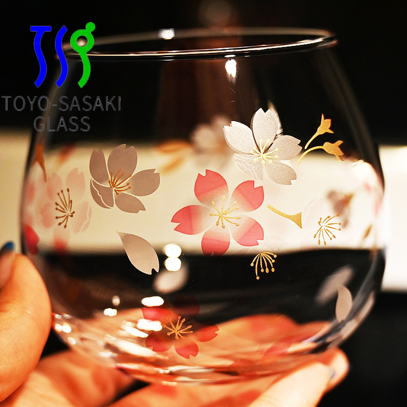 日本进口东洋佐佐木樱花不倒翁玻璃杯日式啤酒杯印花水杯果汁杯子