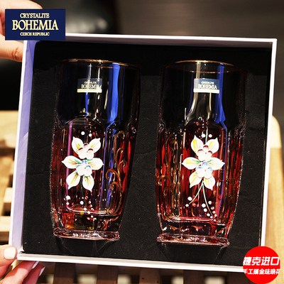 捷克进口BOHEMIA水晶玻璃描金珐琅花水杯果汁牛奶啤酒送礼对杯子