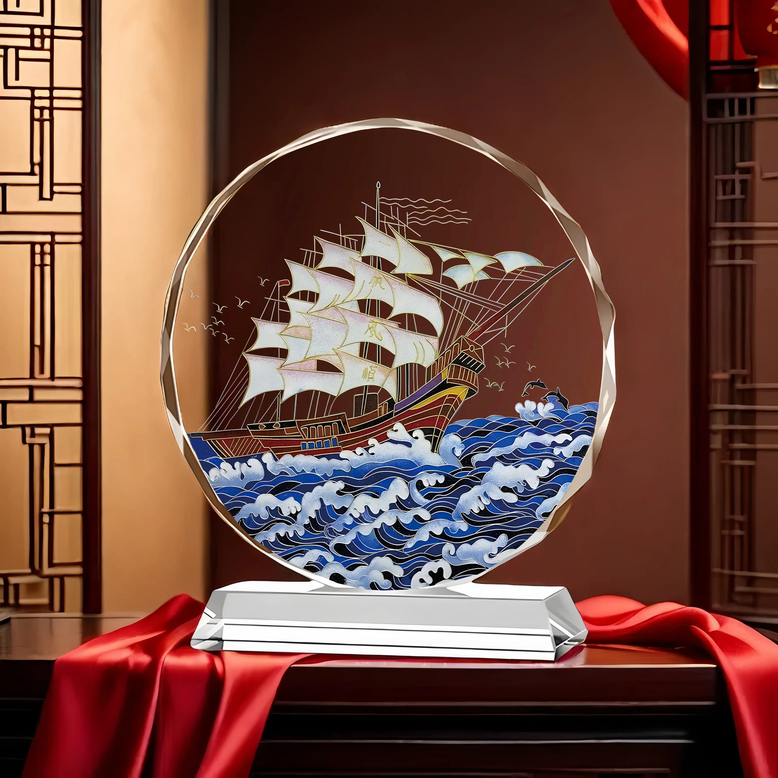 一帆风顺水晶摆件顺风顺水乔迁开业客厅酒柜水晶鸿运昌隆帆船摆台