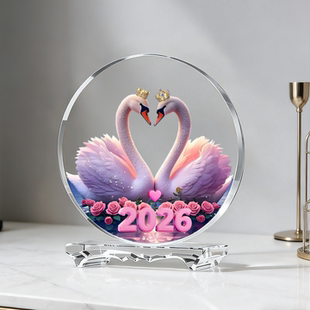 天鹅2026桥型内雕水晶摆件桌面摆件情侣浪漫生日礼品精美心形粉色