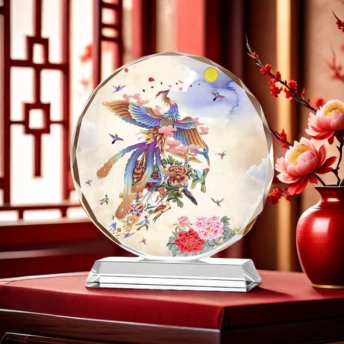 百鸟朝凤水晶摆件祥瑞盈门乔迁福寿客厅办公室酒柜装饰品桌面摆台