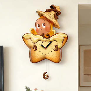 客厅星星人时钟多巴胺钟表挂墙创意2026新款挂钟高级感带钟摆挂表