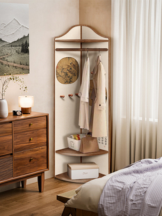 宋代美学实木转角挂衣架多功能衣柜一体式靠墙衣帽架卧室落地摆件