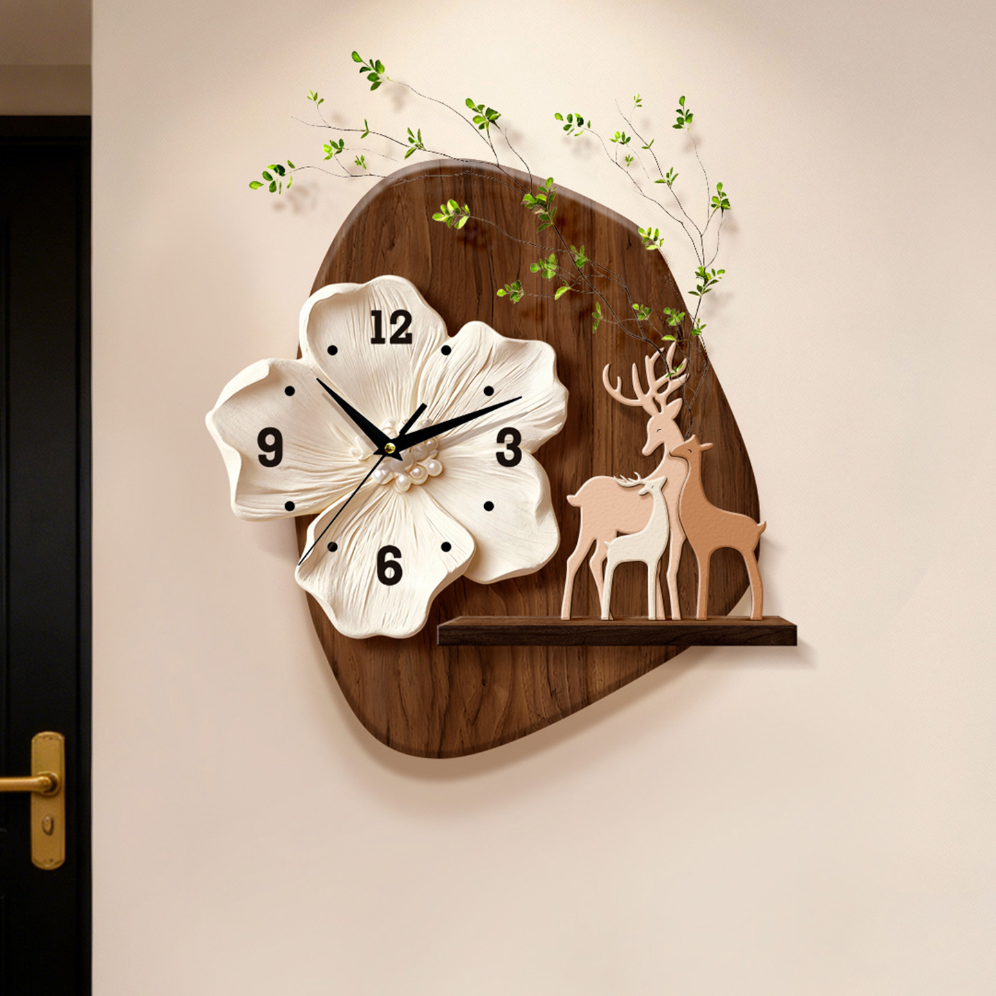 客厅温馨时钟挂画新款中古风装饰画创意静音挂钟餐厅艺术置物架子