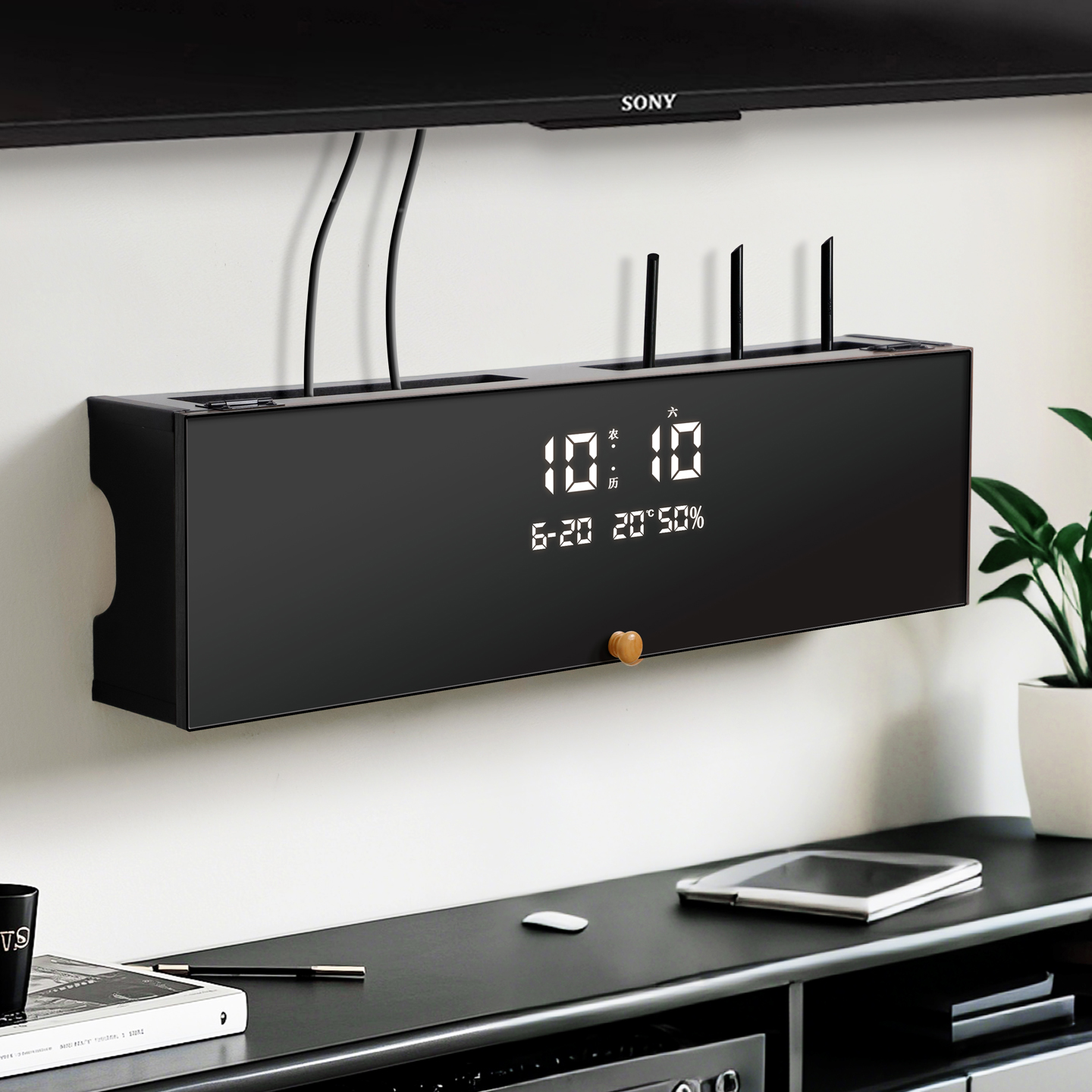 现代简约路由器收纳盒带电子钟机顶盒置物架免打孔无线光猫放置架