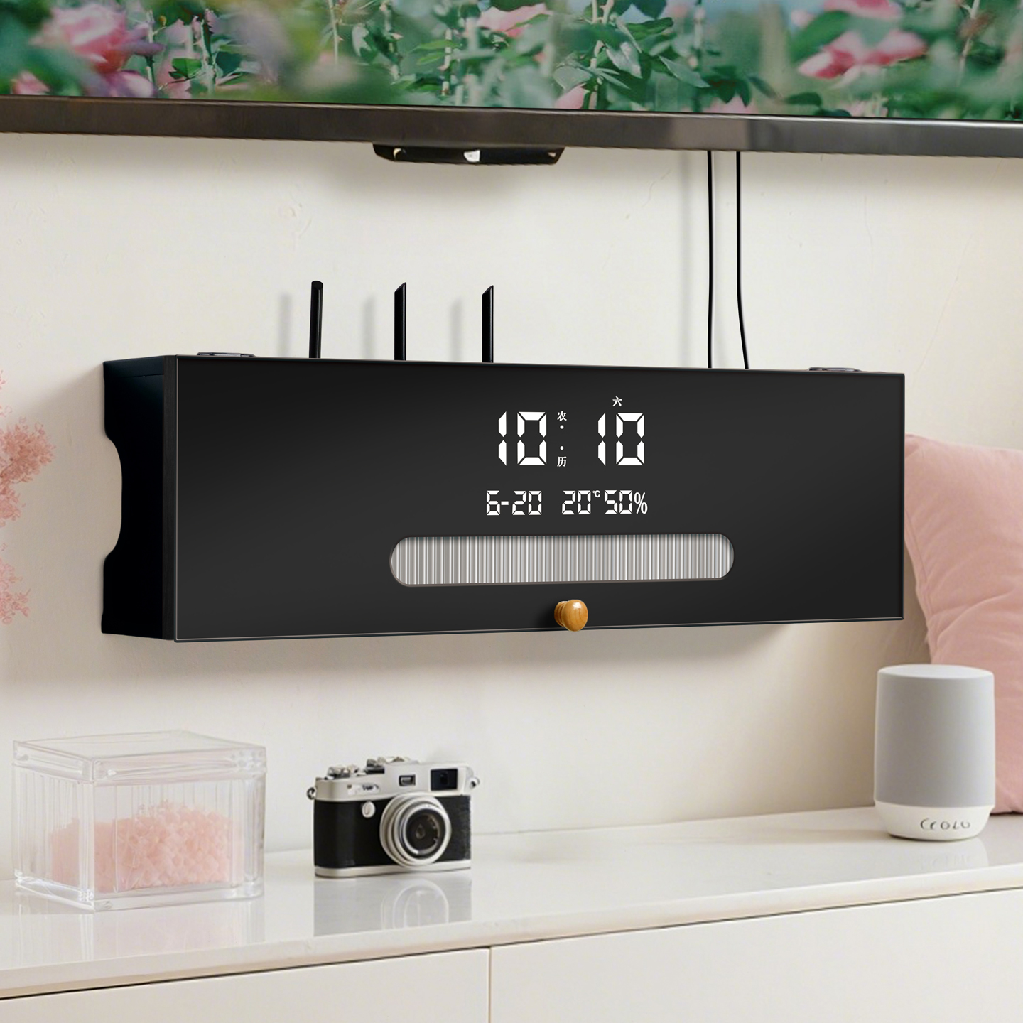 wifi路由器收纳盒万年历电子时钟创意挂墙免打孔光猫插排遮丑神器