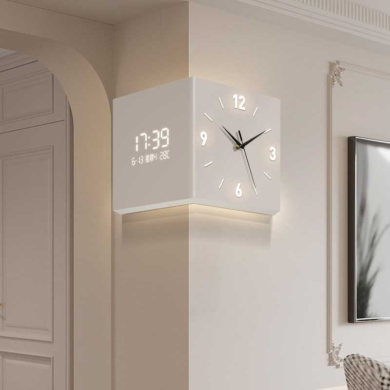 简约拐角挂钟客厅2025新款多功能电子表挂墙转角时钟高级感防撞护