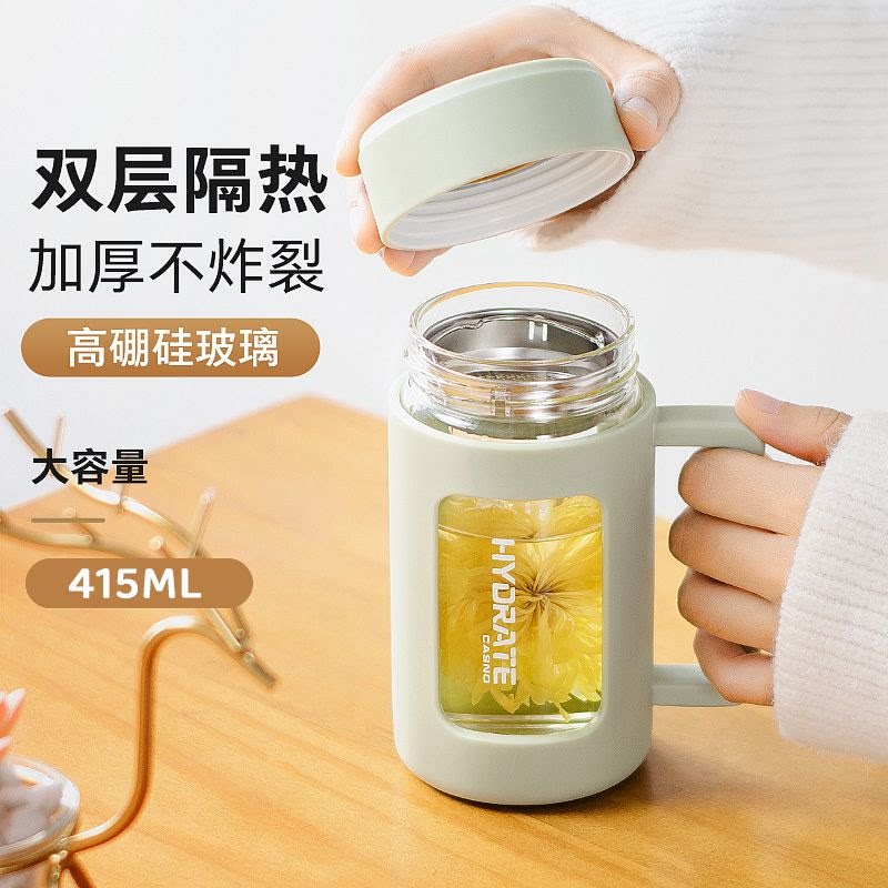 沃普玻璃杯水杯带把手耐高温双层隔热茶杯女办公室泡茶防摔水杯子